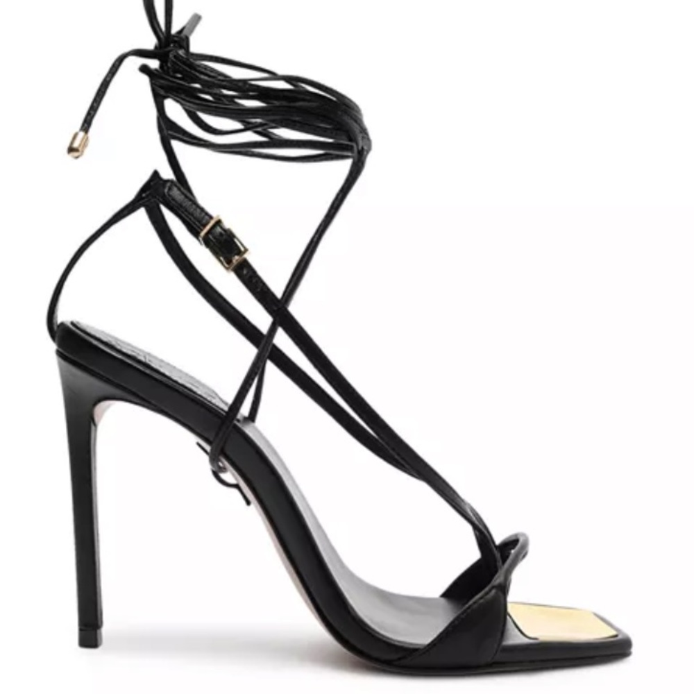 Schutz Vikki Ankle Tie Black Leather High Heel Sandals Size 8B